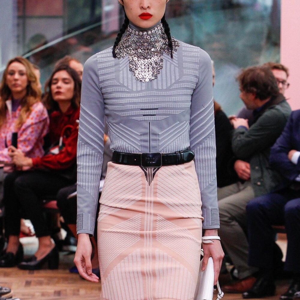 Prada Resort 2018 Runway Grey Embossed Techno Mock-Neck Long-Sleeve